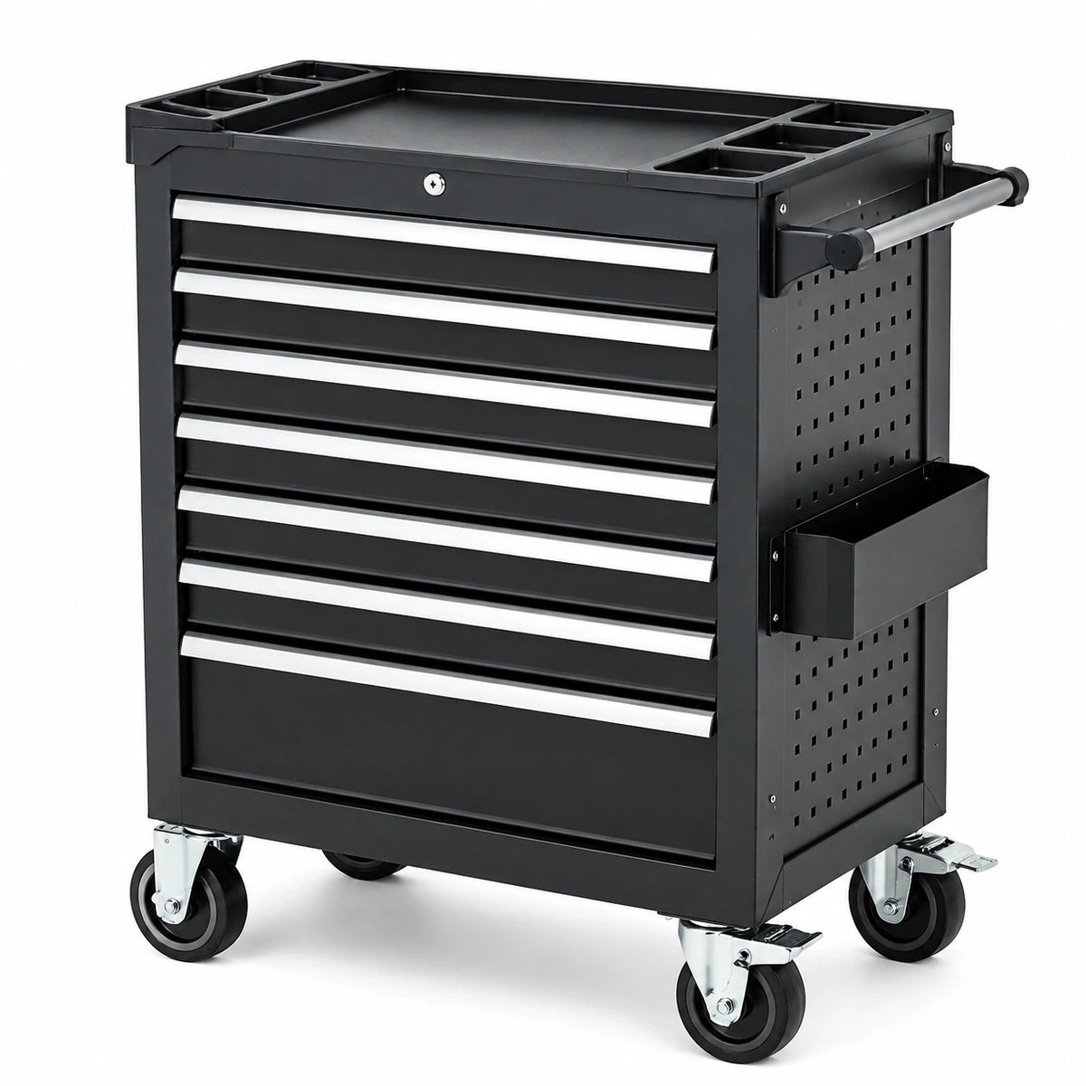 Abschließbarer Werkstattwagen aus Stahl mit 7 Schubladen, Schwarz/Silber, 77 × 46 × 96 cm
