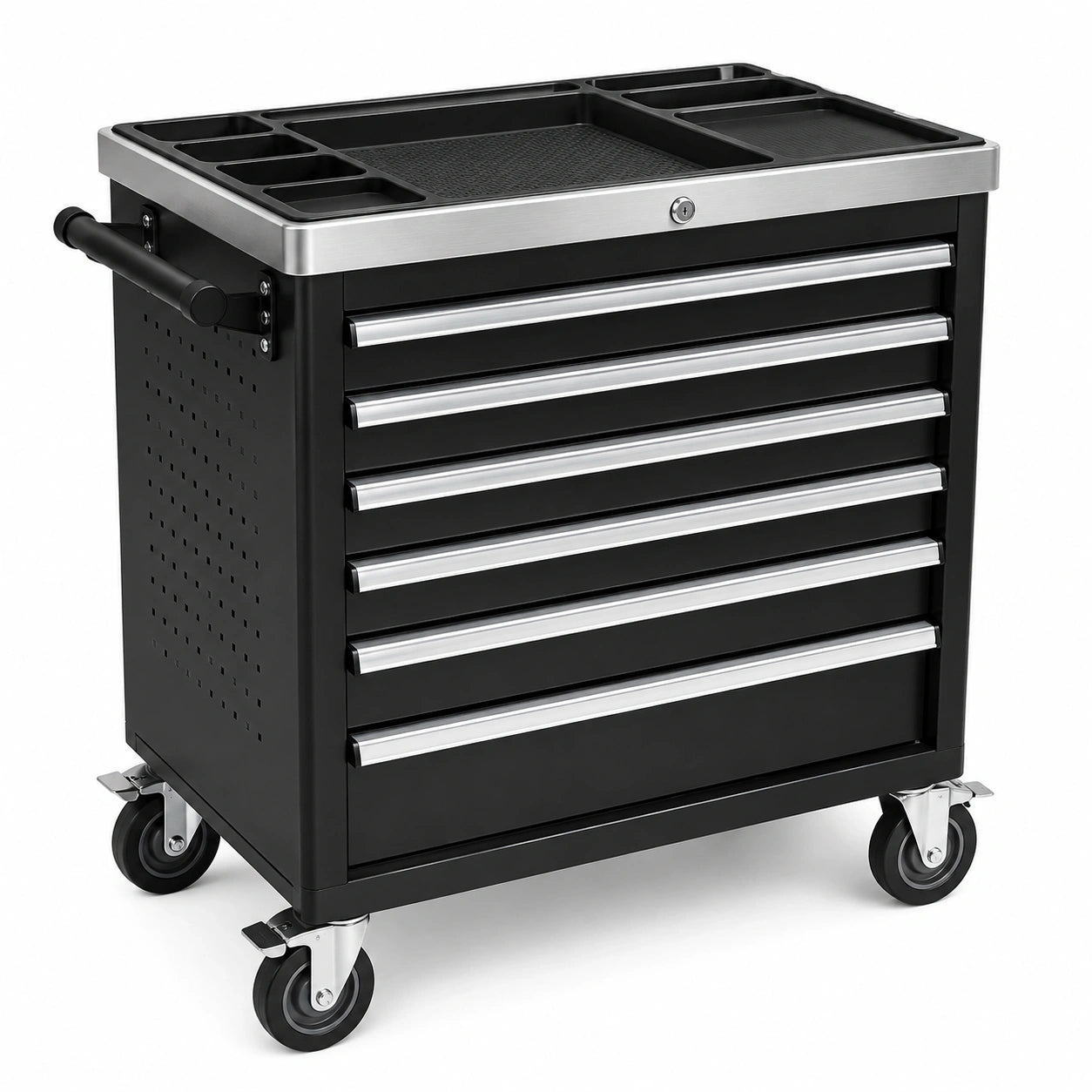 Mobiler Werkstattwagen aus Stahl mit 6 Schubladen, Rollen und Schloss, 77 × 46 × 89 cm, Schwarz/Silber