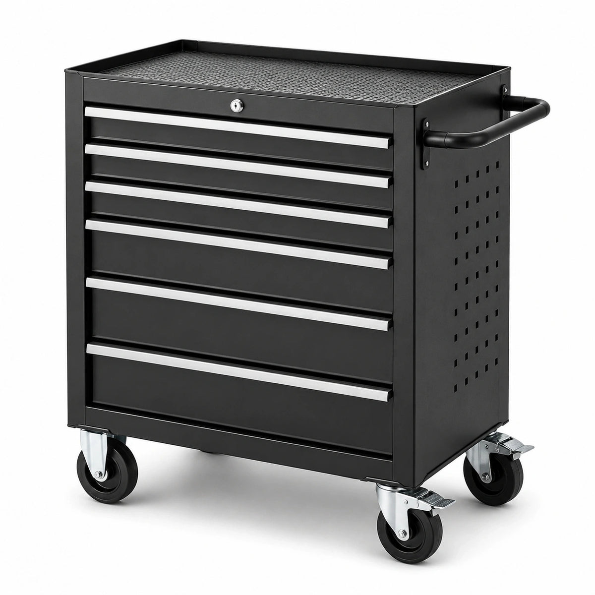 Mobiler Werkzeugwagen aus Stahl, 75 × 46 × 87 cm, Schwarz/Silber, 6 abschließbare Schubladen