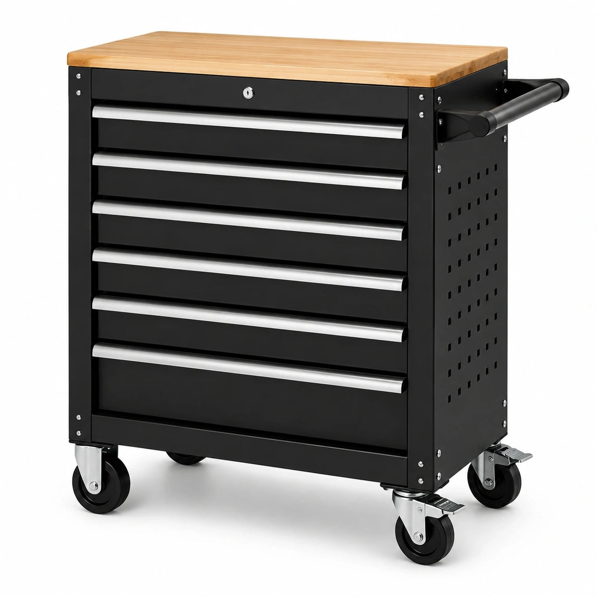 Mobiler Werkzeugwagen mit 6 abschließbaren Schubladen, 77 × 48 × 95 cm, Schwarz/Natur/Silber